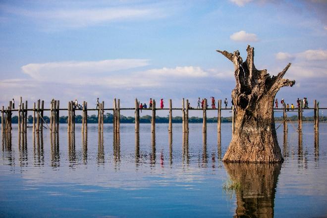 A wooden bridge on a lake with people walking on it, and a large dead tree in the foreground.