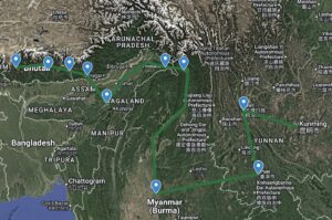 A satellite map displays a route marked by blue pins and a green line, stretching across parts of Bhutan, Northeast India, Myanmar, and Yunnan, China.