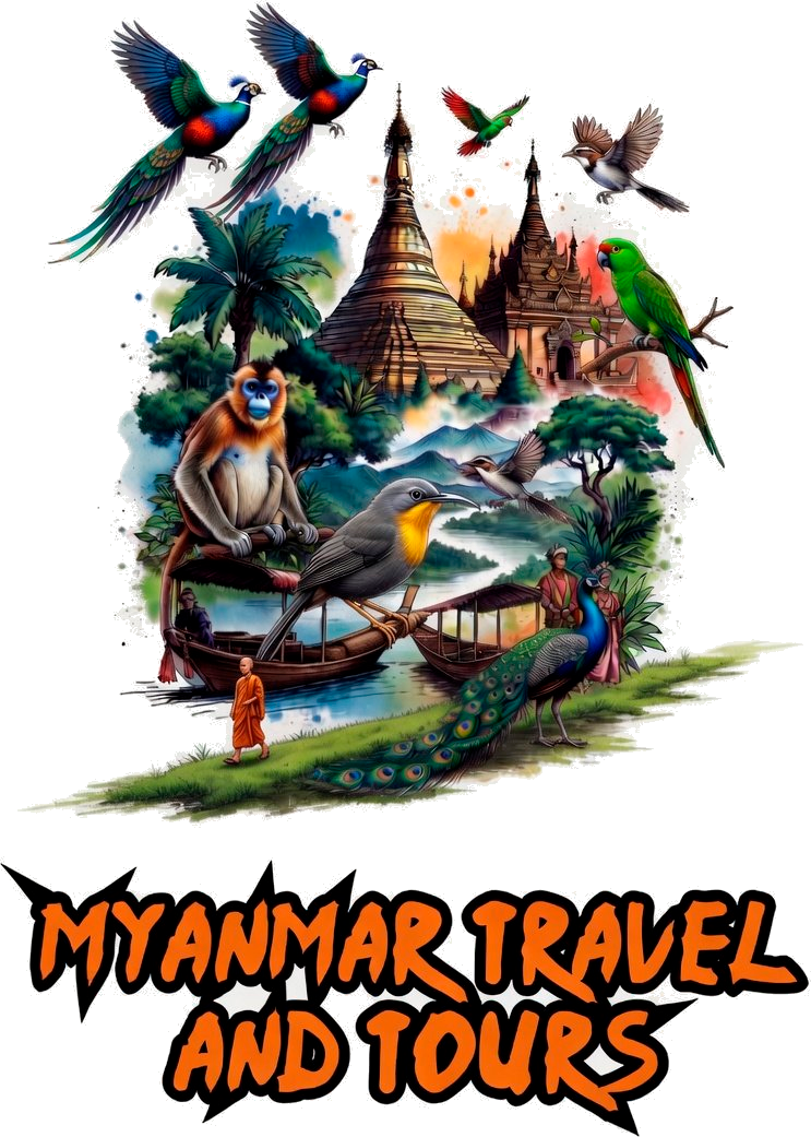 A vibrant illustration depicts Myanmar's rich wildlife and culture, featuring temples, a golden-snub-nosed monkey, diverse birds, a peacock, and traditional boats, with the text "MYANMAR TRAVEL AND TOURS" boldly displayed.